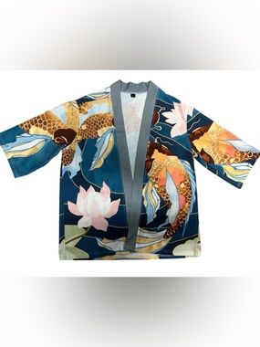Koi & Lotus Print Kimono Light Jacket in Teal and Gold Sz L
